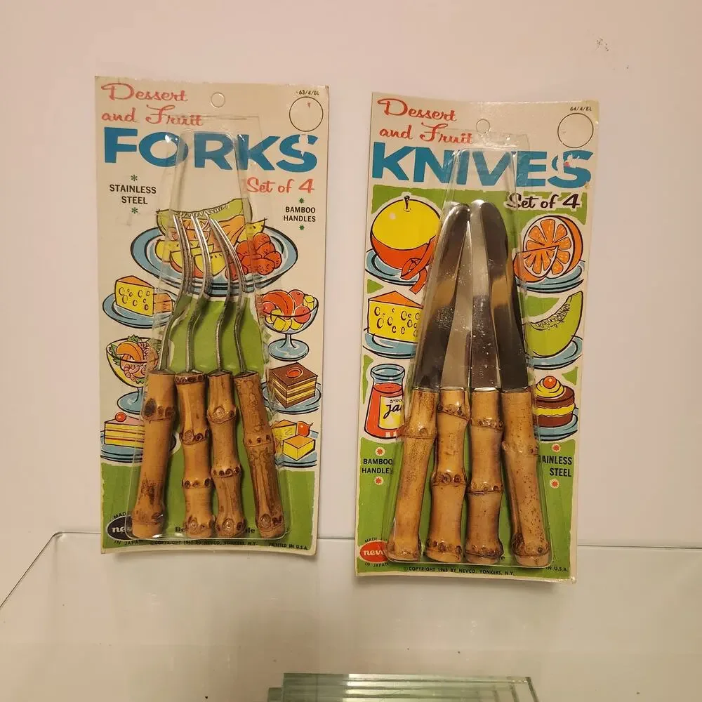 Vintage MCM Nevco 1965 NIP Dessert & Fruit Bamboo Forks & Knives